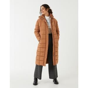 FatFace Women's Harley Puffer Coat Long Line Faux Fur Lining Removable Hood Rust